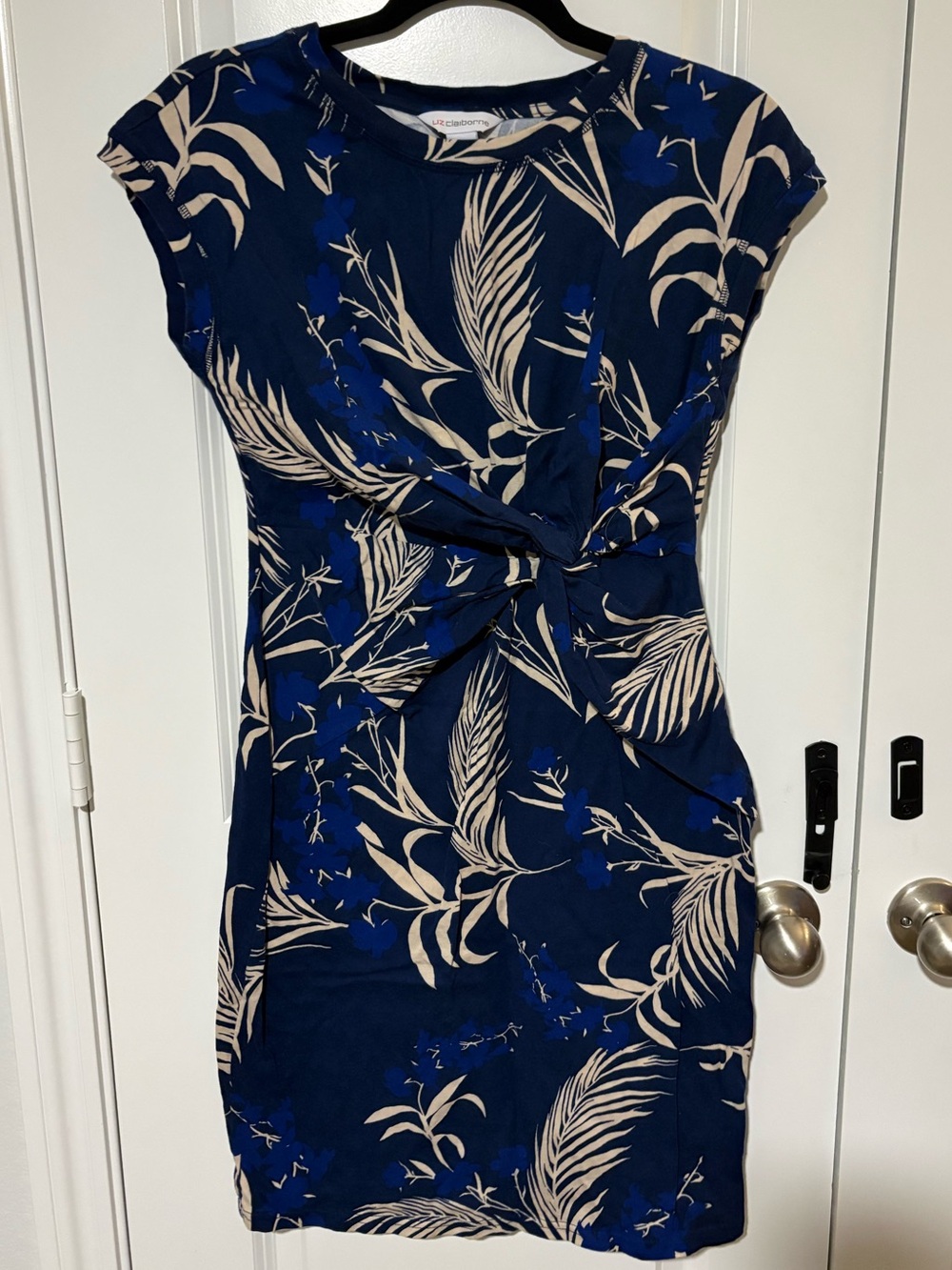 Liz Claiborne Navy Tropical Print Twist Front Dress